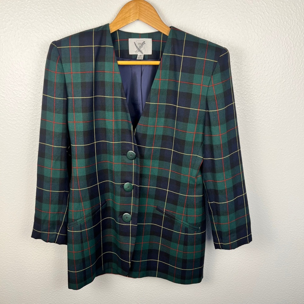 Green Plaid Blazer Womens 4 Tartan Academia Old Money Preppy Professor Indie